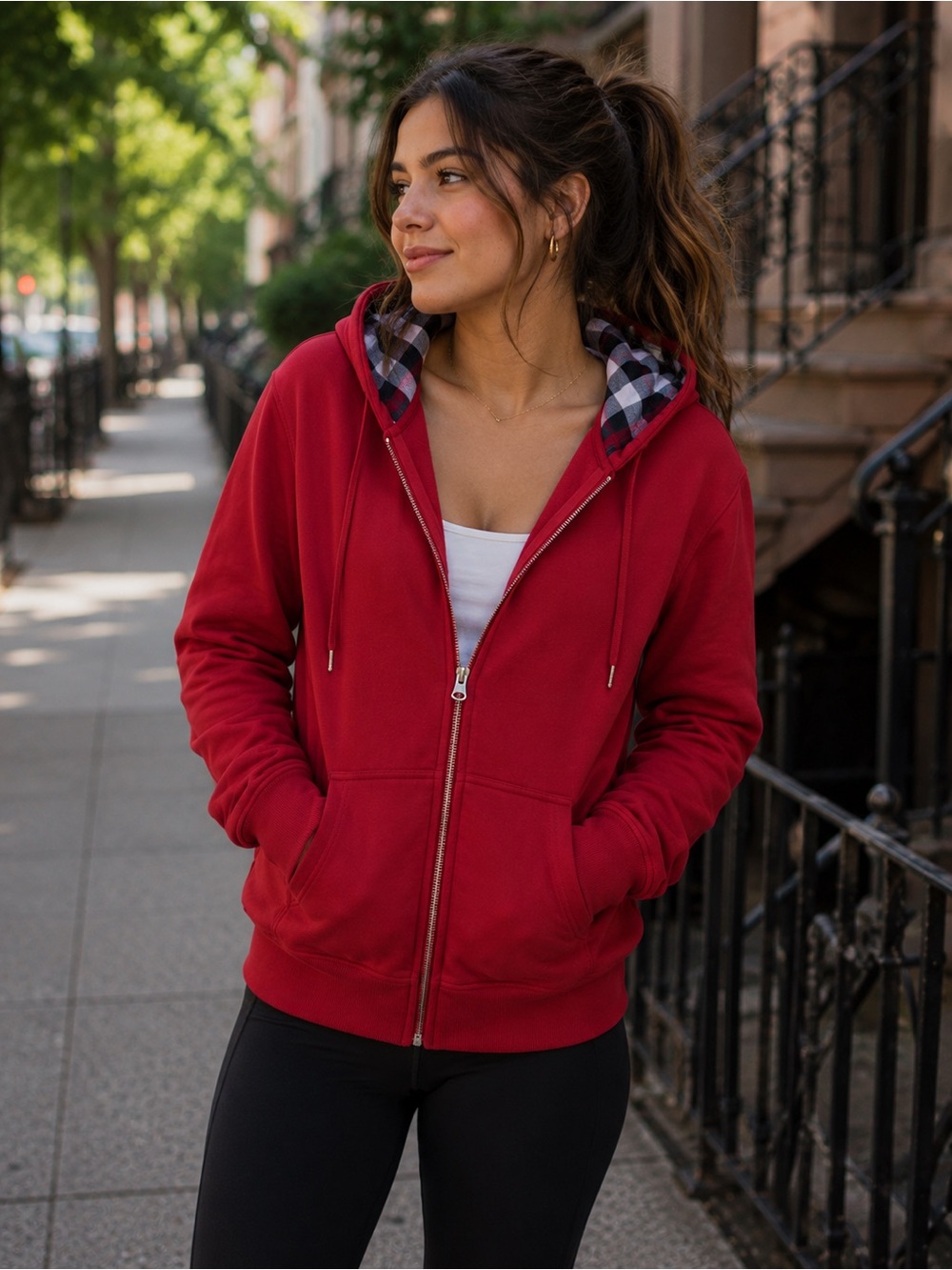 Burberry Red Zip-Up Hoodie with Check Lining
